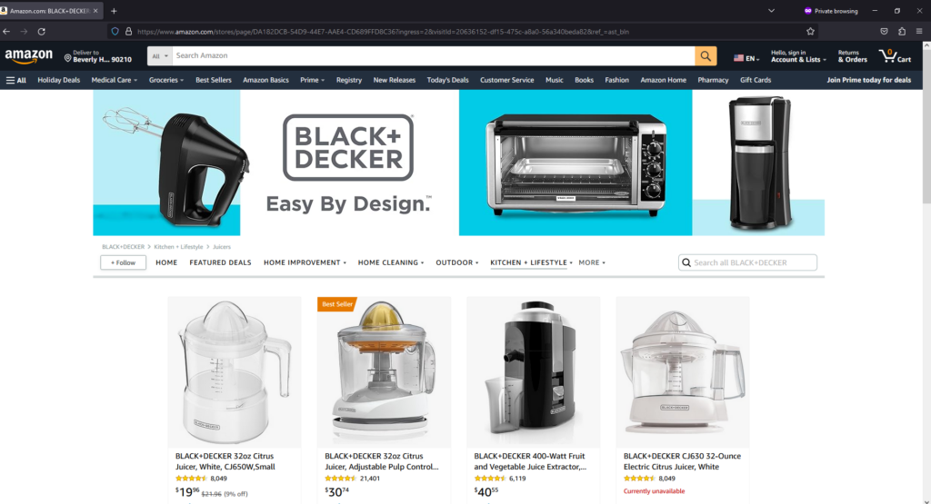 Black & Decker Juicers storefront page on Amazon
